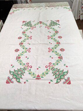 Vtg White Linen Tablecloth Hand Embroidered Cross Stitch Christmas Trees 74x55